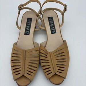 Prevata Leone Nabuk Camel Slide On Open Toe Wedge Sandal with Ankle/Heel Strap
